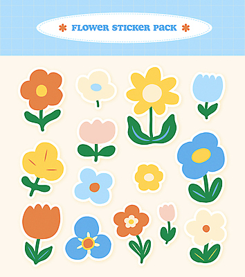 꽃 하늘색 스티커 잎 일러스트 사람없음 세트 귀여움 엘리먼트 국내일러스트 AI파일 식물 컨셉 파란색 파일형식 벡터