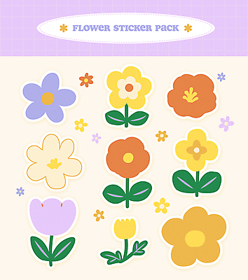 꽃 스티커 잎 일러스트 사람없음 세트 귀여움 보라색 엘리먼트 국내일러스트 AI파일 식물 컬러 컨셉 파일형식 벡터