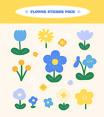 꽃 스티커 잎 일러스트 사람없음 세트 노란색 귀여움 엘리먼트 국내일러스트 AI파일 식물 컬러 컨셉 파일형식 벡터