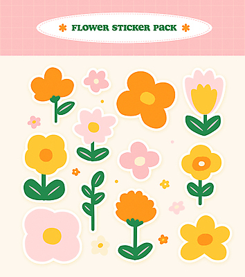 꽃 분홍색 스티커 잎 일러스트 사람없음 세트 귀여움 엘리먼트 국내일러스트 AI파일 식물 컬러 컨셉 파일형식 벡터