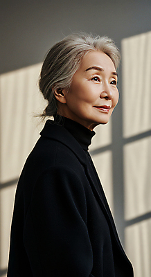 JPG 모델 편집이미지 여자 노년 그림자 한명 미소 상반신 햇빛 검은색 자신감 의료성형뷰티 노인여자한명만 편집실사 AI인물포토 AI콘텐츠 1 감정 컬러 표정 사람 성인 태양 CG 여자한명만 노인여자만 파일형식 AI포토