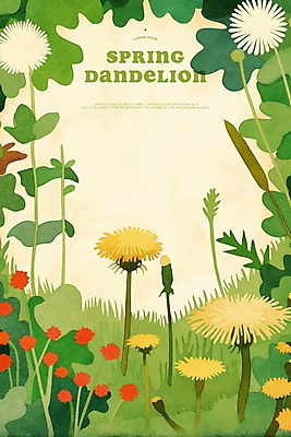 PSD 일러스트 봄꽃 자연 사람없음 봄풍경 들꽃 풀잎 민들레 꽃프레임 국내일러스트 꽃 잎 프레임 풍경 봄 풀_식물 생태계 파일형식