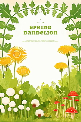 PSD 일러스트 봄꽃 자연 사람없음 버섯 봄풍경 들꽃 풀잎 민들레 꽃프레임 국내일러스트 꽃 잎 프레임 풍경 봄 풀_식물 생태계 파일형식