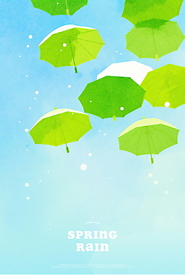 PSD 하늘색 일러스트 우산 하늘 수채화 사람없음 봄비 떠있는 빗방울 국내일러스트 모션 파란색 봄 비_날씨 파일형식