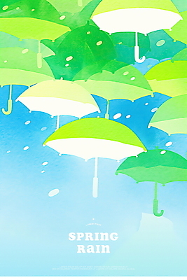 PSD 하늘색 일러스트 우산 하늘 수채화 사람없음 봄비 떠있는 빗방울 국내일러스트 모션 파란색 봄 비_날씨 파일형식