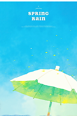 PSD 하늘색 일러스트 우산 하늘 수채화 사람없음 봄비 빗방울 국내일러스트 파란색 봄 비_날씨 파일형식