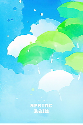 PSD 하늘색 일러스트 우산 하늘 수채화 사람없음 연두색 봄비 떠있는 빗방울 국내일러스트 모션 초록색 파란색 봄 비_날씨 파일형식