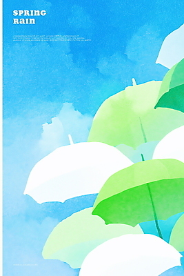 PSD 하늘색 일러스트 우산 하늘 수채화 사람없음 봄비 국내일러스트 파란색 봄 비_날씨 파일형식