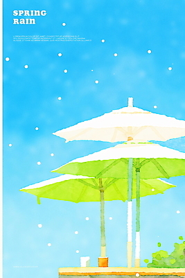 PSD 하늘색 일러스트 하늘 수채화 사람없음 파라솔 봄비 빗방울 야외테이블 국내일러스트 탁자 파란색 봄 비_날씨 파일형식