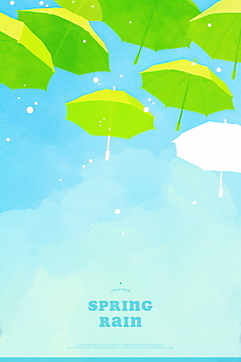 PSD 하늘색 일러스트 우산 하늘 수채화 사람없음 봄비 떠있는 빗방울 국내일러스트 모션 파란색 봄 비_날씨 파일형식