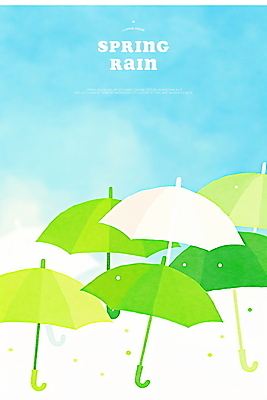 PSD 하늘색 일러스트 우산 하늘 수채화 사람없음 연두색 봄비 빗방울 국내일러스트 초록색 파란색 봄 비_날씨 파일형식