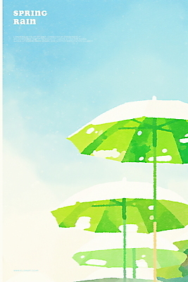 PSD 하늘색 일러스트 우산 수채화 사람없음 연두색 봄비 국내일러스트 초록색 파란색 봄 비_날씨 파일형식