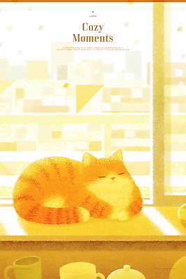 PSD 엎드리기 일러스트 휴식 선반 따뜻함 그림자 사람없음 햇빛 노란색 평화 귀여움 눈감음 고양이 고요 잠 포근함 창가 부드러움 감성 국내일러스트 컬러 가구 컨셉 창문 포유류 모션 반려동물 태양 감각 파일형식