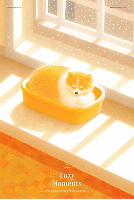 PSD 엎드리기 일러스트 휴식 따뜻함 그림자 사람없음 상자 햇빛 평화 귀여움 눈감음 주황색 고요 잠 강아지 포근함 창가 부드러움 감성 국내일러스트 컬러 컨셉 창문 모션 반려동물 태양 감각 개 파일형식