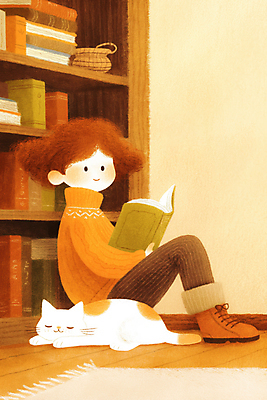 JPG 전신 무료이미지 여자 어린이 일러스트 책장 따뜻함 한명 미소 앉기 소녀 취미 일상 책 독서 갈색 고양이 기댐 잡기 감성 소녀한명만 국내일러스트 AI일러스트 AI콘텐츠 1 컬러 가구 컨셉 포유류 모션 표정 사람 라이프 반려동물 여자한명만 소녀만 파일형식