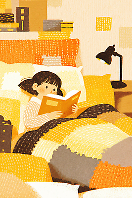 JPG 여자 어린이 일러스트 베개 따뜻함 한명 들기 소녀 상반신 취미 일상 책 눕기 독서 주황색 이불 침대 스탠드 포근함 편안함 감성 소녀한명만 국내일러스트 AI일러스트 AI콘텐츠 1 컬러 가구 컨셉 침구 모션 조명 사람 라이프 감각 여자한명만 소녀만 파일형식