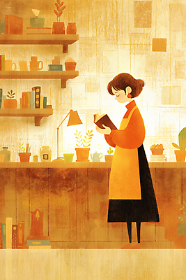 JPG 전신 여자 화분 일러스트 선반 따뜻함 한명 들기 성인 취미 일상 책 컵 빛 독서 갈색 눈감음 앞치마 스탠드 감성 성인여자한명만 국내일러스트 AI일러스트 AI콘텐츠 1 식기 컬러 가구 컨셉 모션 조명 사람 라이프 여자한명만 성인여자만 파일형식