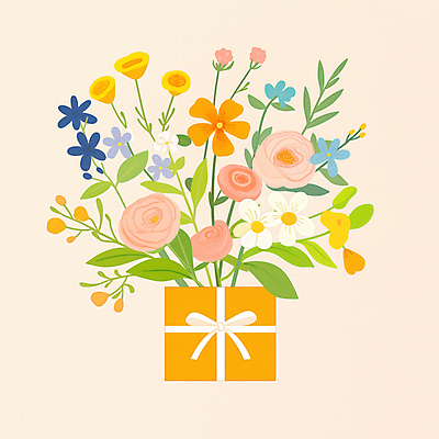 JPG 꽃 리본 꽃다발 잎 일러스트 사람없음 선물상자 봄 축하 감사 가정의달 국내일러스트 AI일러스트 AI콘텐츠 식물 계절 감정 컨셉 선물 상자 5월 파일형식