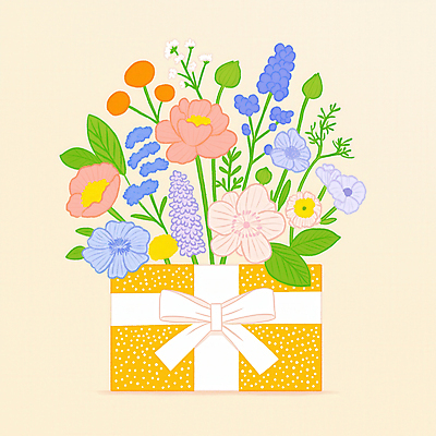 JPG 꽃 리본 꽃다발 잎 일러스트 사람없음 선물상자 봄 축하 감사 가정의달 국내일러스트 AI일러스트 AI콘텐츠 식물 계절 감정 컨셉 선물 상자 5월 파일형식