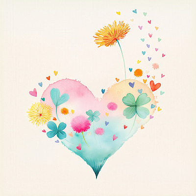 JPG 잎 일러스트 수채화 사랑 사람없음 컬러풀 하트 네잎클로버 민들레 번짐 국내일러스트 AI일러스트 AI콘텐츠 모양 식물 꽃 감정 컬러 클로버 파일형식 효과