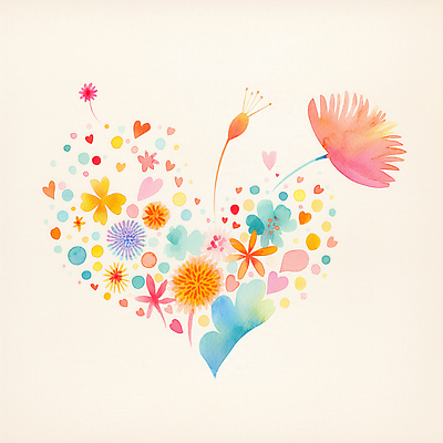 JPG 잎 일러스트 수채화 사랑 사람없음 컬러풀 하트 민들레 번짐 국내일러스트 AI일러스트 AI콘텐츠 모양 식물 꽃 감정 컬러 파일형식 효과