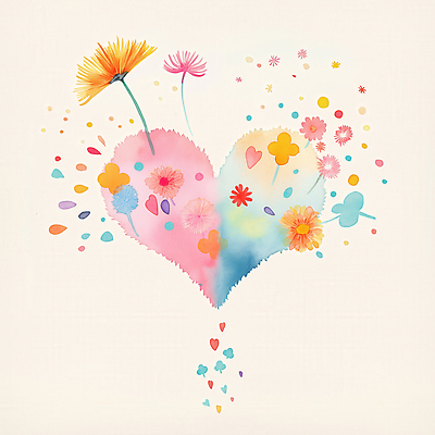 JPG 잎 일러스트 수채화 사랑 사람없음 컬러풀 하트 민들레 번짐 국내일러스트 AI일러스트 AI콘텐츠 모양 식물 꽃 감정 컬러 파일형식 효과