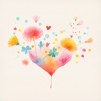 JPG 잎 일러스트 수채화 사랑 사람없음 컬러풀 하트 민들레 번짐 국내일러스트 AI일러스트 AI콘텐츠 모양 식물 꽃 감정 컬러 파일형식 효과