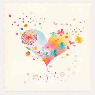 JPG 잎 일러스트 수채화 사랑 사람없음 컬러풀 하트 번짐 민들레홀씨 국내일러스트 AI일러스트 AI콘텐츠 모양 식물 감정 컬러 민들레 파일형식 효과