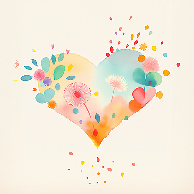 JPG 잎 일러스트 수채화 사랑 사람없음 컬러풀 하트 번짐 민들레홀씨 국내일러스트 AI일러스트 AI콘텐츠 모양 식물 감정 컬러 민들레 파일형식 효과