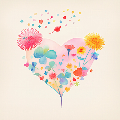 JPG 잎 일러스트 수채화 사랑 사람없음 컬러풀 하트 네잎클로버 민들레 번짐 국내일러스트 AI일러스트 AI콘텐츠 모양 식물 꽃 감정 컬러 클로버 파일형식 효과