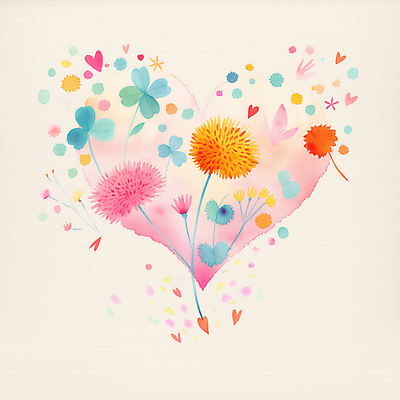 JPG 일러스트 수채화 사랑 사람없음 컬러풀 하트 네잎클로버 번짐 민들레홀씨 국내일러스트 AI일러스트 AI콘텐츠 모양 식물 감정 컬러 클로버 민들레 파일형식 효과