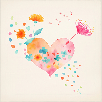 JPG 잎 일러스트 수채화 사랑 사람없음 컬러풀 하트 네잎클로버 번짐 민들레홀씨 국내일러스트 AI일러스트 AI콘텐츠 모양 식물 감정 컬러 클로버 민들레 파일형식 효과