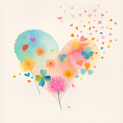 JPG 일러스트 수채화 사랑 사람없음 컬러풀 하트 네잎클로버 번짐 민들레홀씨 국내일러스트 AI일러스트 AI콘텐츠 모양 식물 감정 컬러 클로버 민들레 파일형식 효과