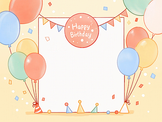 JPG 일러스트 프레임 사람없음 고깔모자 생일파티 꽃가루 생일축하 풍선 가랜드 해피버스데이 국내일러스트 AI일러스트 AI콘텐츠 모자_잡화 축하 생일 가루 파티용품 파일형식