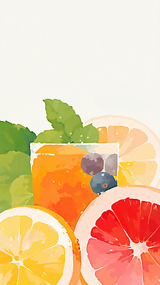 JPG 잎 오렌지 일러스트 단면 잔 수채화 사람없음 여름 과일주스 시원함 레몬 자몽 블루베리 슬라이스 상큼 냉음료 청량 국내일러스트 AI일러스트 AI콘텐츠 식물 식기 계절 음료 과일 주스 파일형식