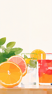 JPG 잎 오렌지 일러스트 단면 잔 수채화 사람없음 여름 과일주스 시원함 레몬 자몽 상큼 냉음료 청량 국내일러스트 AI일러스트 AI콘텐츠 식물 식기 계절 음료 과일 주스 파일형식