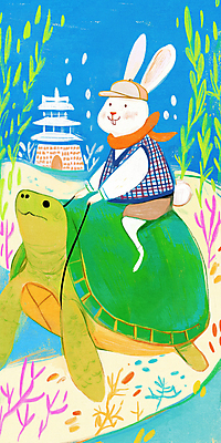 JPG 바다 일러스트 상상 사람없음 수중 잡기 해조류 산호 산호초 승차 토끼캐릭터 별주부전 용궁 자라 캡모자 국내일러스트 AI일러스트 AI콘텐츠 모자_잡화 동물캐릭터 파충류 모션 동화 토끼 수중식물 해양식물 자포동물 파일형식