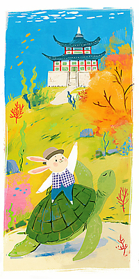 JPG 모자 바다 일러스트 상상 사람없음 수중 가리킴 해조류 산호 산호초 승차 토끼캐릭터 별주부전 용궁 자라 물고기떼 국내일러스트 AI일러스트 AI콘텐츠 잡화 동물캐릭터 파충류 모션 동화 어류 손짓 토끼 수중식물 해양식물 자포동물 파일형식