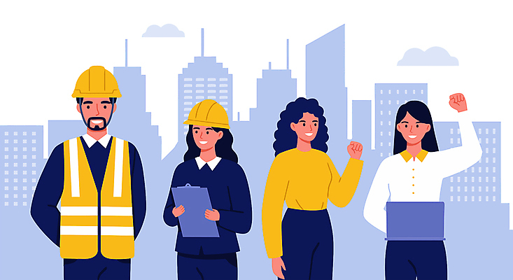 여자 남자 하늘색 일러스트 노동자 미소 들기 정장 여러명 상반신 성인 노트북 파이팅 도시 비즈니스맨 비즈니스우먼 안전모 뒷짐 근로자의날 서류판 성인만 건설근로자 국내일러스트 AI파일 직업 옷 기념일 다수 비즈니스 모션 표정 사람 파란색 전자제품 사무용품 직장인 헬멧 안전장비 파일형식 벡터