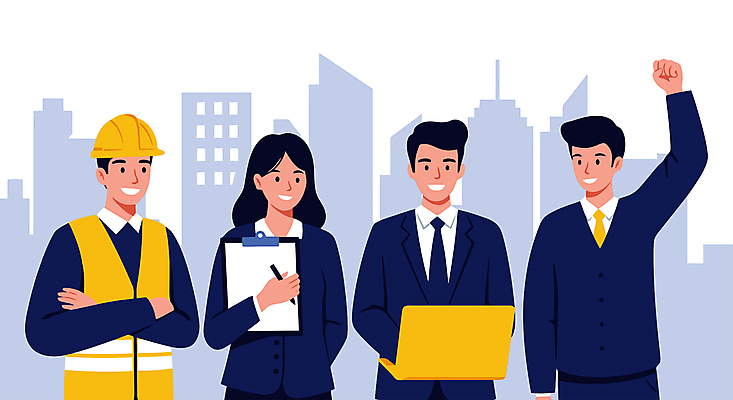 여자 남자 하늘색 일러스트 노동자 미소 들기 정장 여러명 상반신 성인 노트북 펜 손들기 팔짱 도시 비즈니스맨 비즈니스우먼 안전모 근로자의날 서류판 성인만 건설근로자 국내일러스트 AI파일 직업 옷 기념일 다수 비즈니스 모션 표정 사람 파란색 전자제품 필기구 사무용품 직장인 헬멧 안전장비 파일형식 벡터