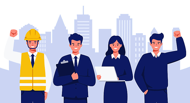 여자 남자 하늘색 일러스트 노동자 미소 들기 정장 여러명 상반신 성인 노트북 파이팅 도시 비즈니스맨 비즈니스우먼 안전모 주머니손 근로자의날 서류판 성인만 건설근로자 국내일러스트 AI파일 직업 옷 기념일 다수 비즈니스 모션 표정 사람 파란색 전자제품 사무용품 직장인 헬멧 안전장비 파일형식 벡터