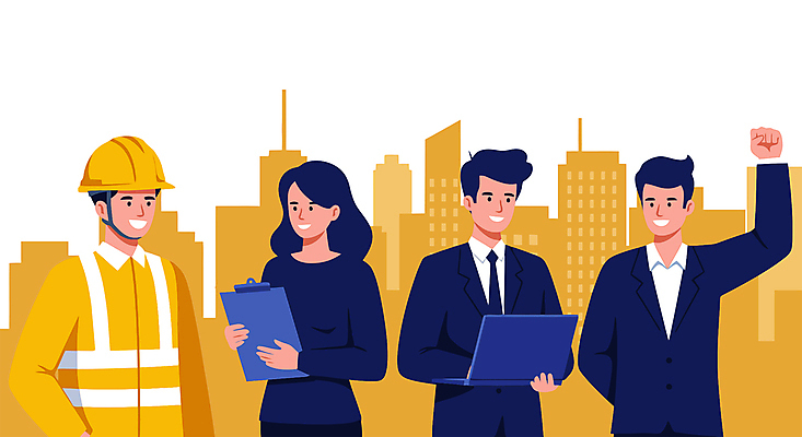 여자 남자 일러스트 노동자 미소 들기 정장 여러명 상반신 성인 노트북 노란색 파이팅 도시 비즈니스맨 비즈니스우먼 안전모 뒷짐 주머니손 근로자의날 서류판 성인만 건설근로자 국내일러스트 AI파일 직업 옷 기념일 컬러 다수 비즈니스 모션 표정 사람 전자제품 사무용품 직장인 헬멧 안전장비 파일형식 벡터