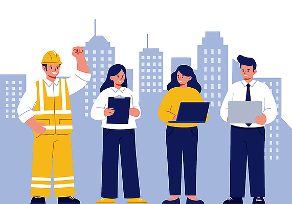 전신 여자 남자 허리손 하늘색 일러스트 노동자 미소 들기 정장 여러명 성인 노트북 파이팅 도시 비즈니스맨 비즈니스우먼 안전모 근로자의날 서류판 성인만 건설근로자 국내일러스트 AI파일 직업 옷 기념일 포즈 다수 비즈니스 모션 표정 사람 파란색 전자제품 사무용품 직장인 헬멧 안전장비 파일형식 벡터
