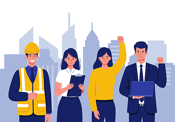 여자 남자 하늘색 일러스트 노동자 미소 들기 정장 여러명 상반신 성인 노트북 손들기 파이팅 도시 비즈니스맨 비즈니스우먼 안전모 근로자의날 서류판 성인만 건설근로자 국내일러스트 AI파일 직업 옷 기념일 다수 비즈니스 모션 표정 사람 파란색 전자제품 사무용품 직장인 헬멧 안전장비 파일형식 벡터