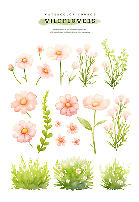 PSD 꽃잎 스티커 잎 일러스트 수채화 사람없음 세트 들꽃 풀 꽃봉오리 엘리먼트 국내일러스트 식물 꽃 파일형식