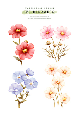 PSD 스티커 잎 일러스트 수채화 사람없음 세트 들꽃 꽃봉오리 엘리먼트 국내일러스트 식물 꽃 파일형식