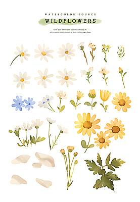 PSD 꽃잎 스티커 잎 일러스트 수채화 사람없음 세트 들꽃 풀 꽃봉오리 엘리먼트 국내일러스트 식물 꽃 파일형식