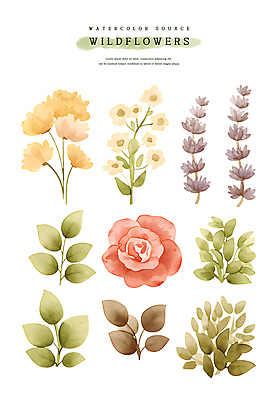 PSD 스티커 잎 일러스트 수채화 사람없음 세트 들꽃 풀 엘리먼트 국내일러스트 식물 꽃 파일형식