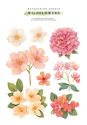 PSD 꽃잎 스티커 잎 일러스트 수채화 사람없음 세트 들꽃 엘리먼트 국내일러스트 식물 꽃 파일형식