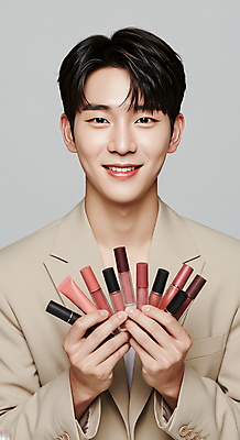 JPG 모델 편집이미지 패션 남자 한명 미소 들기 20대 성인 화장 뷰티 화장품 립스틱 자신감 베이지색 의료성형뷰티 성인남자한명만 세련 피부건강 편집실사 AI인물포토 AI콘텐츠 1 감정 컬러 모션 표정 건강 사람 청년 CG 남자한명만 성인남자만 파일형식 AI포토